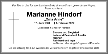 Traueranzeige von Marianne Hindorf von Memminger Zeitung
