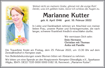 Traueranzeige von Marianne Kutter von Allgäuer Zeitung,Kempten