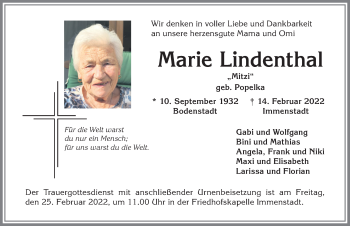 Traueranzeige von Marie Lindenthal von Allgäuer Anzeigeblatt