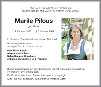 Traueranzeige von Marile Pilous von Memminger Zeitung
