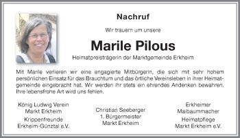 Traueranzeige von Marile Pilous von Memminger Zeitung