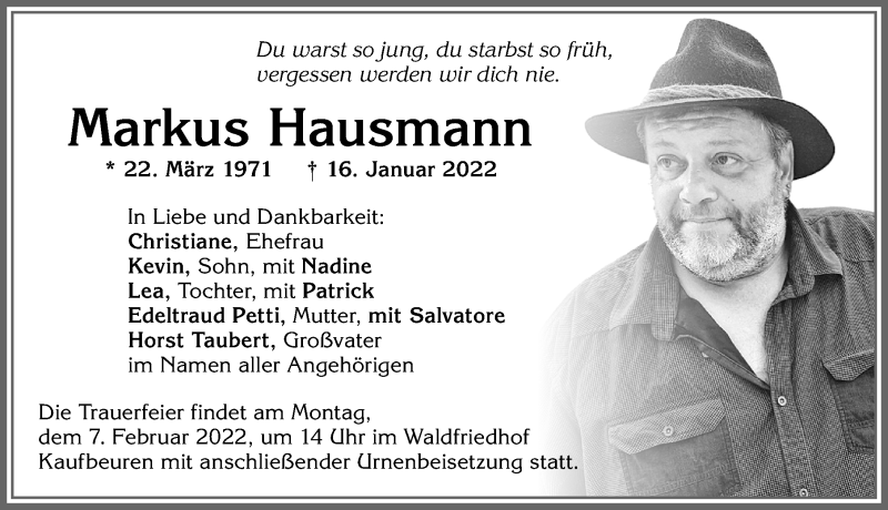  Traueranzeige für Markus Hausmann (Hausi) vom 05.02.2022 aus Allgäuer Zeitung, Kaufbeuren/Buchloe