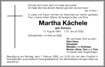 Traueranzeige von Martha Kächele von Memminger Zeitung