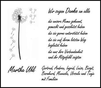 Traueranzeige von Martha Uhl von Allgäuer Zeitung,Kempten