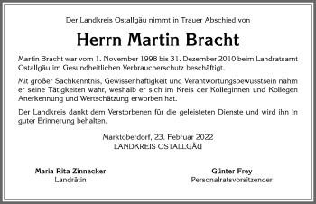 Traueranzeige von Martin Bracht von Allgäuer Zeitung, Kaufbeuren/Buchloe