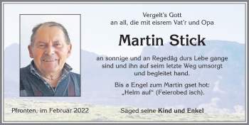 Traueranzeige von Martin Stick von Allgäuer Zeitung, Füssen