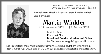 Traueranzeige von Martin Winkler von Allgäuer Zeitung,Kempten