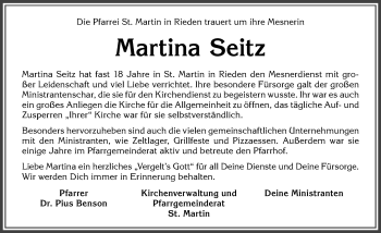 Traueranzeige von Martina Seitz von Allgäuer Zeitung, Kaufbeuren/Buchloe