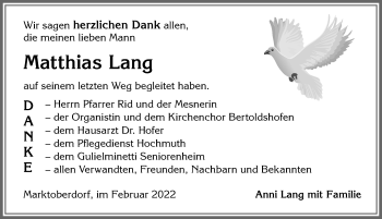 Traueranzeige von Matthias Lang von Allgäuer Zeitung, Marktoberdorf