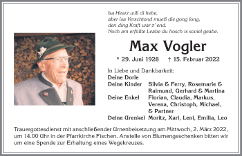 Traueranzeige von Max Vogler von Allgäuer Anzeigeblatt