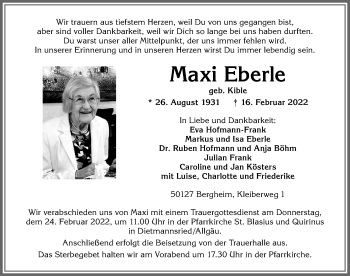 Traueranzeige von Maxi Eberle von Allgäuer Zeitung,Kempten