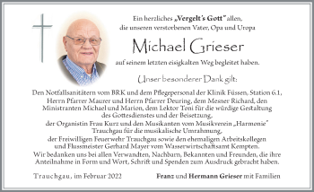 Traueranzeige von Michael Grieser von Allgäuer Zeitung, Füssen