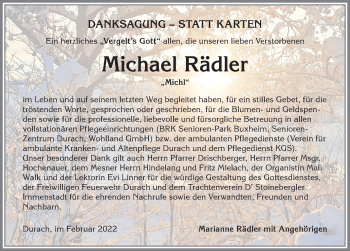 Traueranzeige von Michael Rädler von Allgäuer Zeitung,Kempten