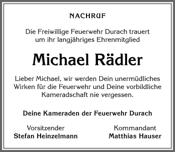 Traueranzeige von Michael Rädler von Allgäuer Zeitung,Kempten