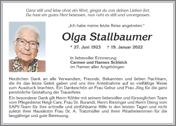 Traueranzeige von Olga Stallbaumer von Allgäuer Zeitung,Kempten