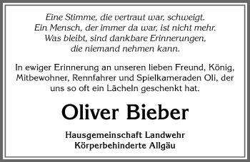 Traueranzeige von Oliver Bieber von Allgäuer Anzeigeblatt