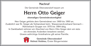 Traueranzeige von Otto Geiger von Allgäuer Zeitung, Kaufbeuren/Buchloe