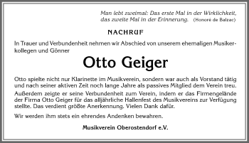 Traueranzeige von Otto Geiger von Allgäuer Zeitung, Kaufbeuren/Buchloe