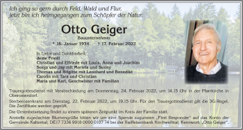 Traueranzeige von Otto Geiger von Allgäuer Zeitung, Kaufbeuren/Buchloe