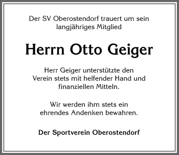 Traueranzeige von Otto Geiger von Allgäuer Zeitung, Kaufbeuren/Buchloe