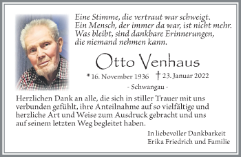 Traueranzeige von Otto Venhaus von Allgäuer Zeitung, Füssen