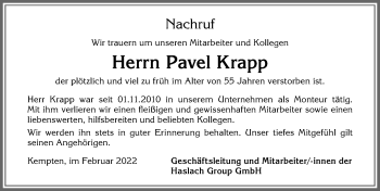 Traueranzeige von Pavel Krapp von Allgäuer Zeitung, Kaufbeuren/Buchloe