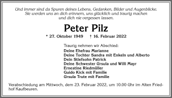 Traueranzeige von Peter Pilz von Allgäuer Zeitung, Kaufbeuren/Buchloe