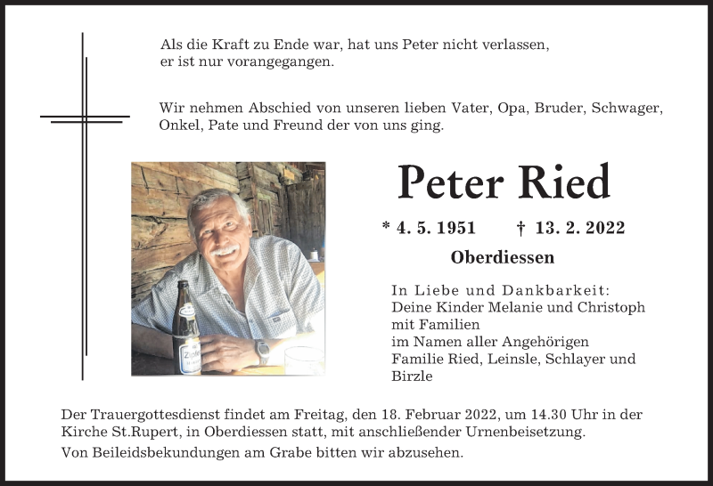  Traueranzeige für Peter Ried vom 17.02.2022 aus Allgäuer Zeitung, Kaufbeuren/Buchloe