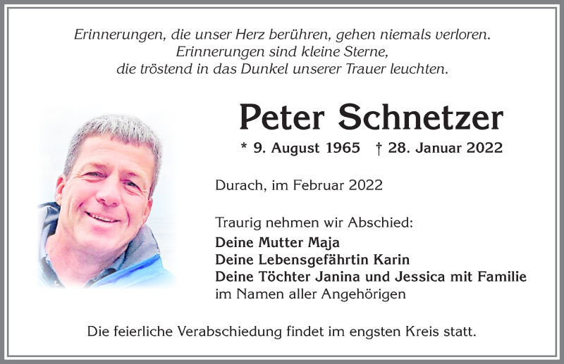  Traueranzeige für Peter Schnetzer vom 05.02.2022 aus Allgäuer Zeitung,Kempten