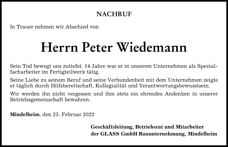  Traueranzeige für Peter Wiedemann vom 23.02.2022 aus Allgäuer Zeitung, Kaufbeuren/Buchloe