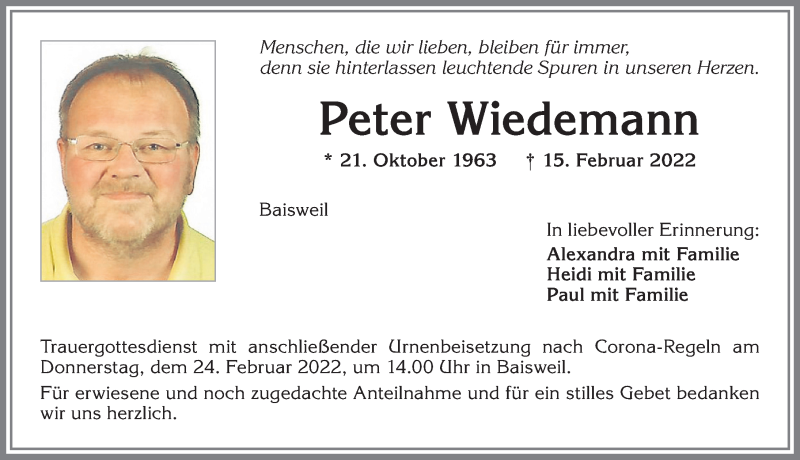  Traueranzeige für Peter Wiedemann vom 22.02.2022 aus Allgäuer Zeitung, Kaufbeuren/Buchloe