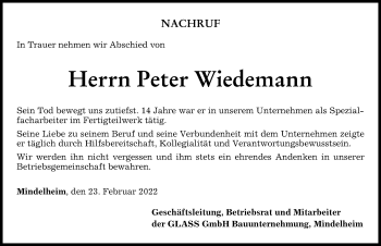 Traueranzeige von Peter Wiedemann von Allgäuer Zeitung, Kaufbeuren/Buchloe
