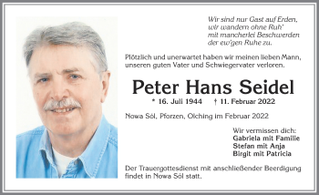 Traueranzeige von Peter Hans Seidel von Allgäuer Zeitung, Kaufbeuren/Buchloe
