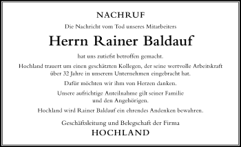 Traueranzeige von Rainer Baldauf von Der Westallgäuer