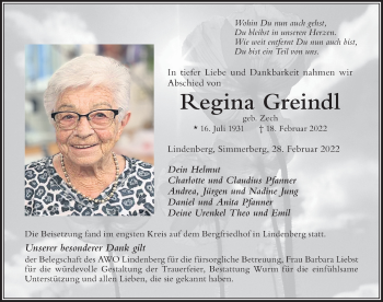Traueranzeige von Regina Greindl von Der Westallgäuer