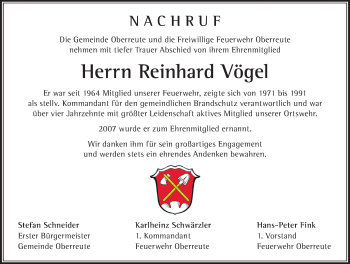 Traueranzeige von Reinhard Vögel von Der Westallgäuer
