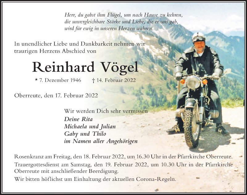  Traueranzeige für Reinhard Vögel vom 17.02.2022 aus Der Westallgäuer