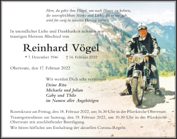 Traueranzeige von Reinhard Vögel von Der Westallgäuer