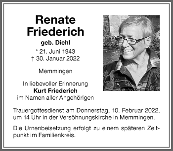 Traueranzeige von Renate Friederich von Memminger Zeitung