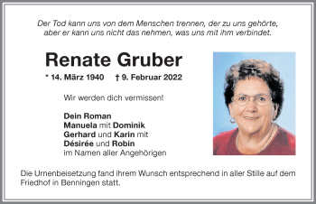 Traueranzeige von Renate Gruber von Memminger Zeitung