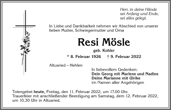 Traueranzeige von Resi Mösle von Allgäuer Zeitung,Kempten