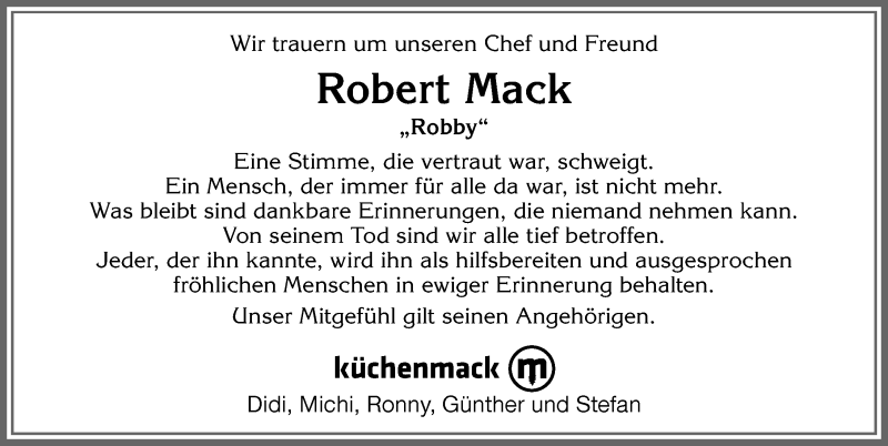  Traueranzeige für Robert Mack vom 05.02.2022 aus Allgäuer Zeitung, Marktoberdorf