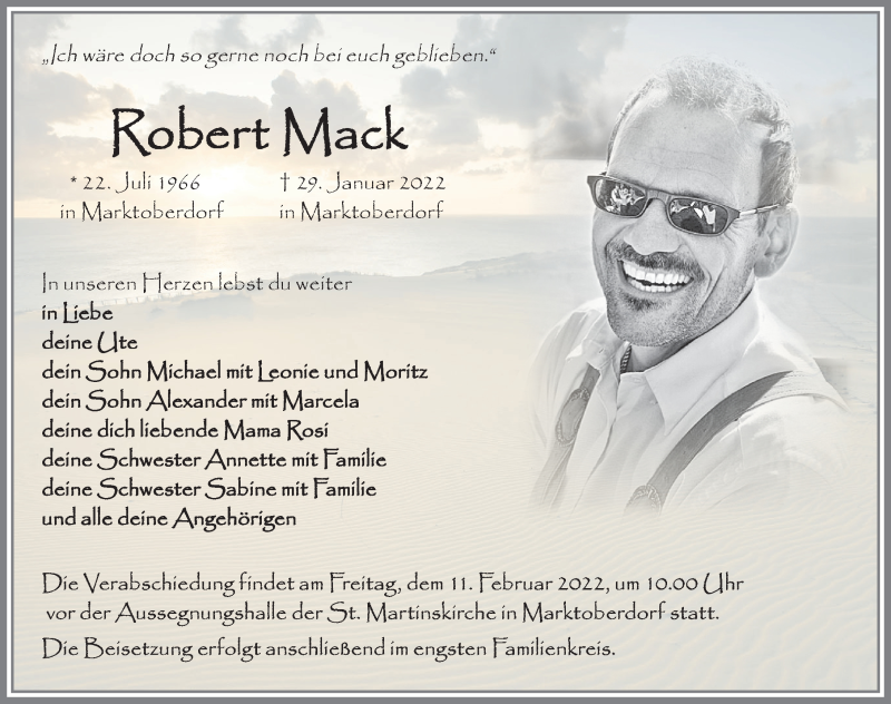  Traueranzeige für Robert Mack vom 05.02.2022 aus Allgäuer Zeitung, Marktoberdorf