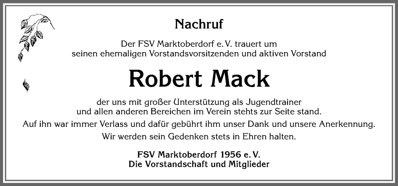  Traueranzeige für Robert Mack vom 07.02.2022 aus Allgäuer Zeitung, Marktoberdorf