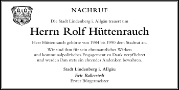 Traueranzeige von Rolf Hüttenrauch von Der Westallgäuer