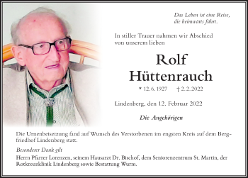 Traueranzeige von Rolf Hüttenrauch von Der Westallgäuer
