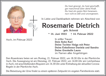 Traueranzeige von Rosemarie Dietrich von Allgäuer Zeitung, Kaufbeuren/Buchloe
