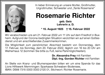 Traueranzeige von Rosemarie Richter von Memminger Zeitung