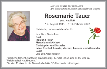 Traueranzeige von Rosemarie Tauer von Allgäuer Zeitung, Kaufbeuren/Buchloe
