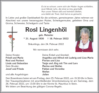 Traueranzeige von Rosl Lingenhöl von Allgäuer Anzeigeblatt